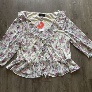 Cider Cream and Pink Floral Blouse with Ruffles